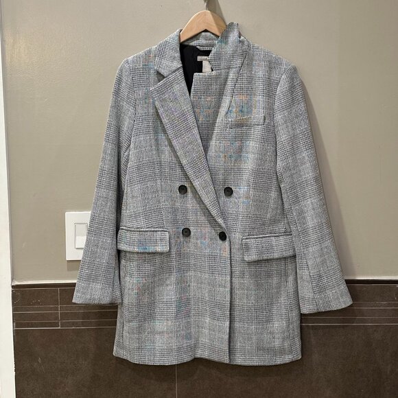 H&M Checked Pattern Double-Breasted Midi-Length Blazer Jacket (Grey/Black/White) - Picture 7 of 16